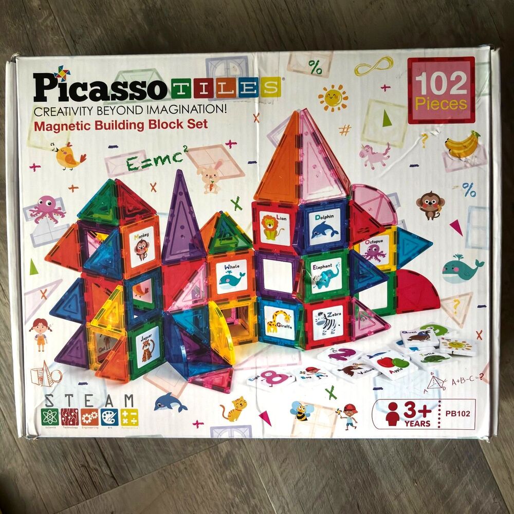 Picasso Tiles 98 Pc. Set Of Magnetic Building Tile Blocks Animals Numbers Fruit